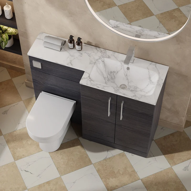 Lana 1100mm Basin & WC Combination Unit With Marble Stone Basin Right Hand - Charcoal Black Woodgrain