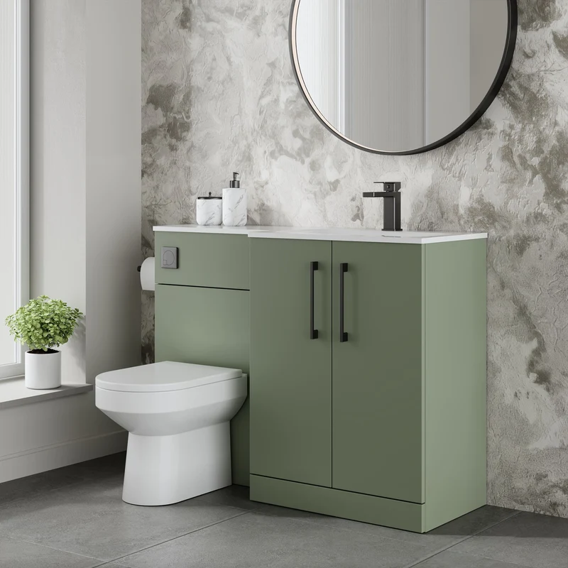 Lana 1100mm Basin & WC Combination Unit With White Stone Basin Right Hand - Green Satin