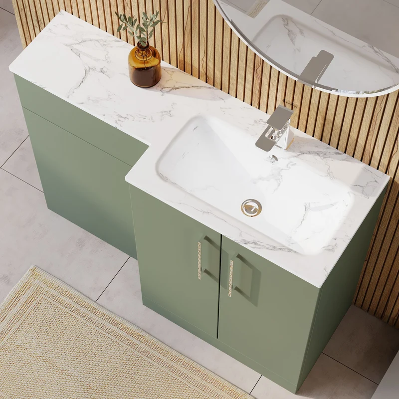 Lana 1100mm Basin & WC Combination Unit With Marble Stone Basin Right Hand - Green Satin