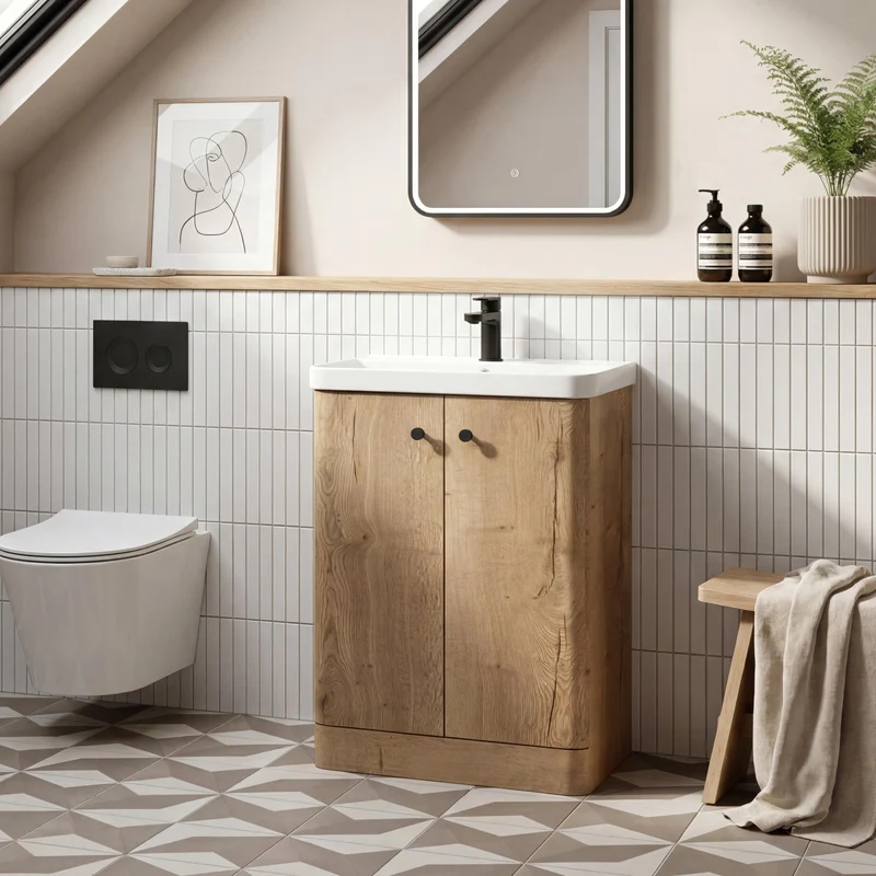 Core 600 x 350mm Floor Standing Cloakroom Vanity Unit With 2 Doors & Ceramic Basin - Autumn Oak Woodgrain