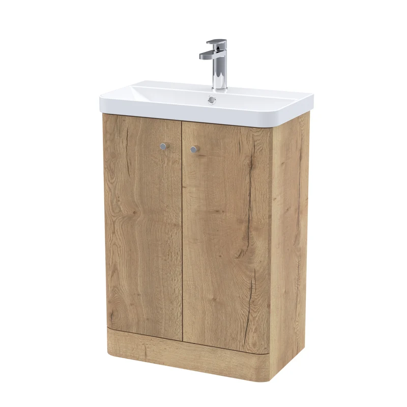 Core 600 x 350mm Floor Standing Cloakroom Vanity Unit With 2 Doors & Ceramic Basin - Autumn Oak Woodgrain