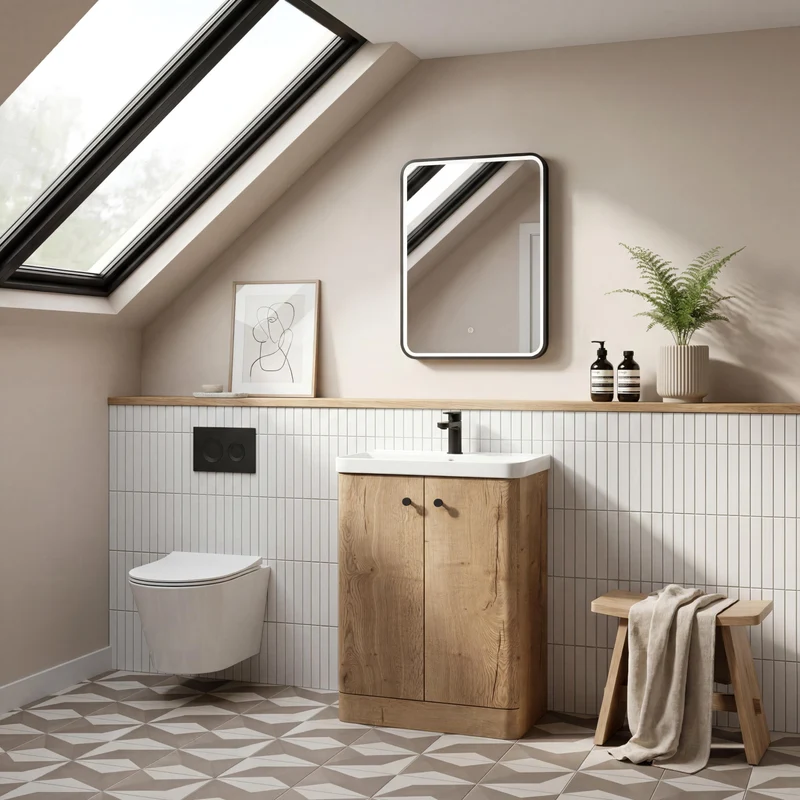 Core 600 x 350mm Floor Standing Cloakroom Vanity Unit With 2 Doors & Ceramic Basin - Autumn Oak Woodgrain