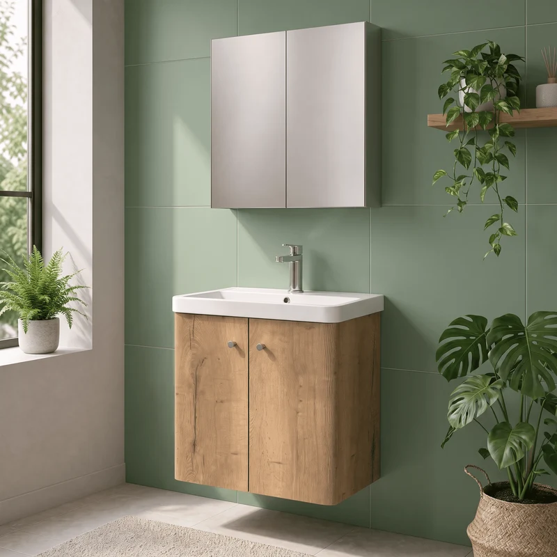 Core 600 x 350mm Wall Hung Cloakroom Vanity Unit With 2 Doors & Ceramic Basin - Autumn Oak Woodgrain