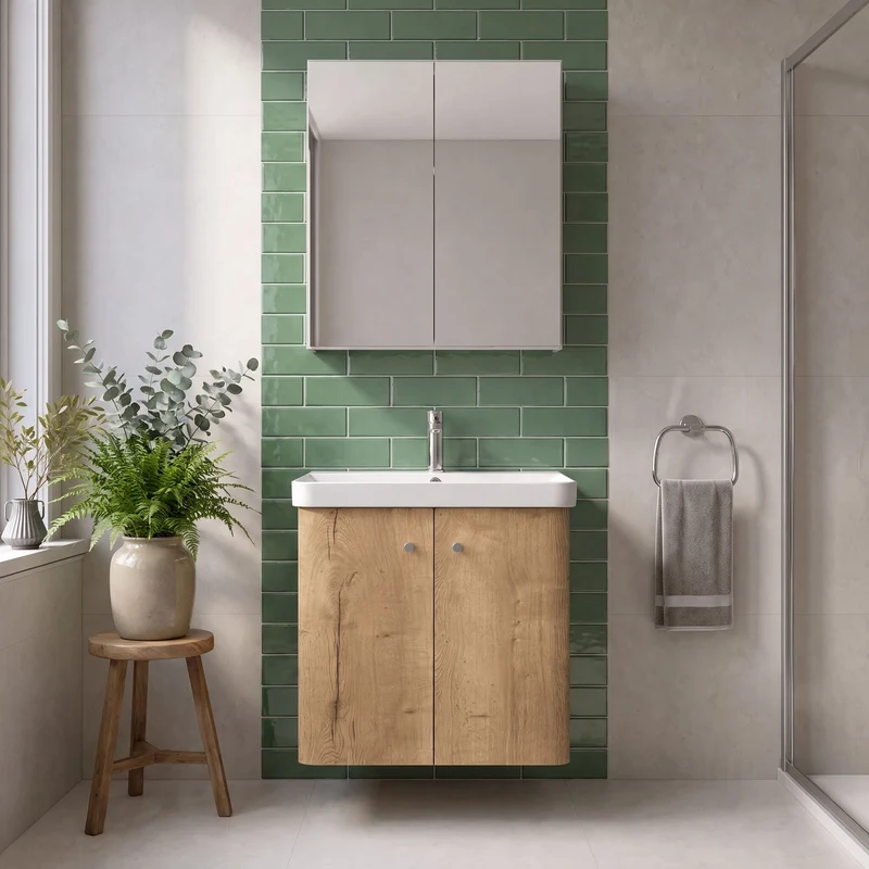 Core 600 x 350mm Wall Hung Cloakroom Vanity Unit With 2 Doors & Ceramic Basin - Autumn Oak Woodgrain