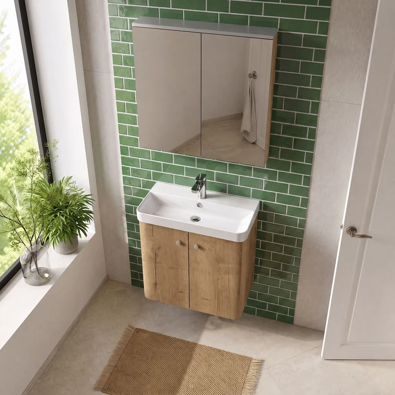 Core 600 x 350mm Wall Hung Cloakroom Vanity Unit With 2 Doors & Ceramic Basin - Autumn Oak Woodgrain
