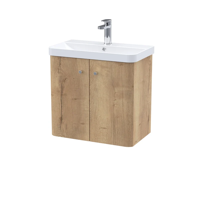 Core 600 x 350mm Wall Hung Cloakroom Vanity Unit With 2 Doors & Ceramic Basin - Autumn Oak Woodgrain