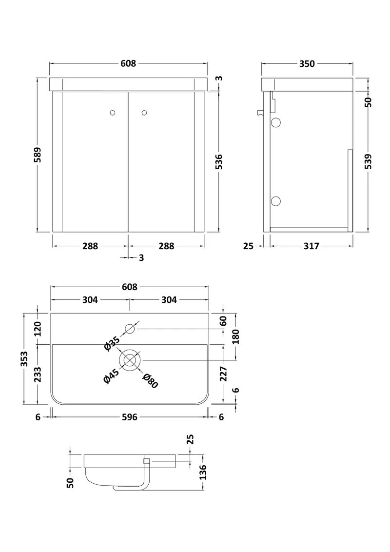Core 600 x 350mm Wall Hung Cloakroom Vanity Unit With 2 Doors & Ceramic Basin - Autumn Oak Woodgrain