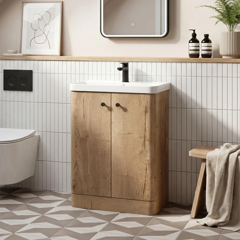 Core 500 x 350mm Floor Standing Cloakroom Vanity Unit With 2 Doors & Ceramic Basin - Autumn Oak Woodgrain