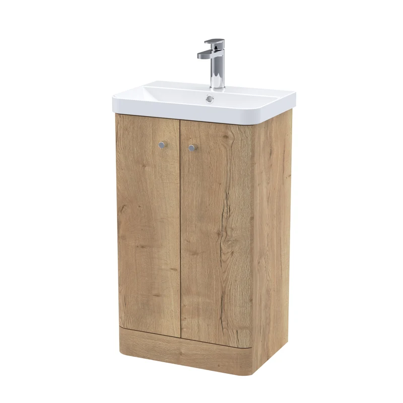 Core 500 x 350mm Floor Standing Cloakroom Vanity Unit With 2 Doors & Ceramic Basin - Autumn Oak Woodgrain
