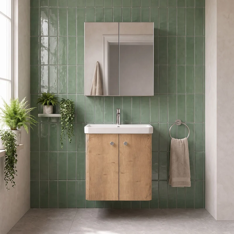 Core 500 x 350mm Wall Hung Cloakroom Vanity Unit With 2 Doors & Ceramic Basin - Autumn Oak Woodgrain
