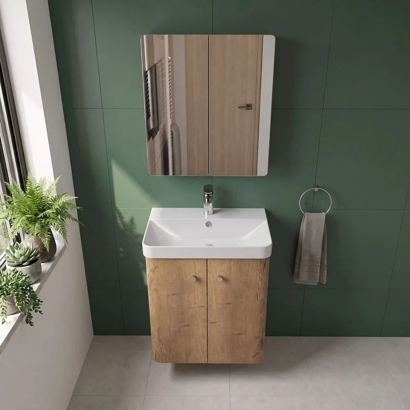 Core 500 x 350mm Wall Hung Cloakroom Vanity Unit With 2 Doors & Ceramic Basin - Autumn Oak Woodgrain