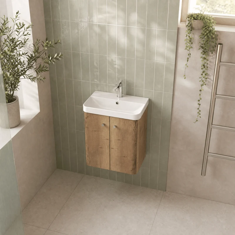 Core 500 x 350mm Wall Hung Cloakroom Vanity Unit With 2 Doors & Ceramic Basin - Autumn Oak Woodgrain