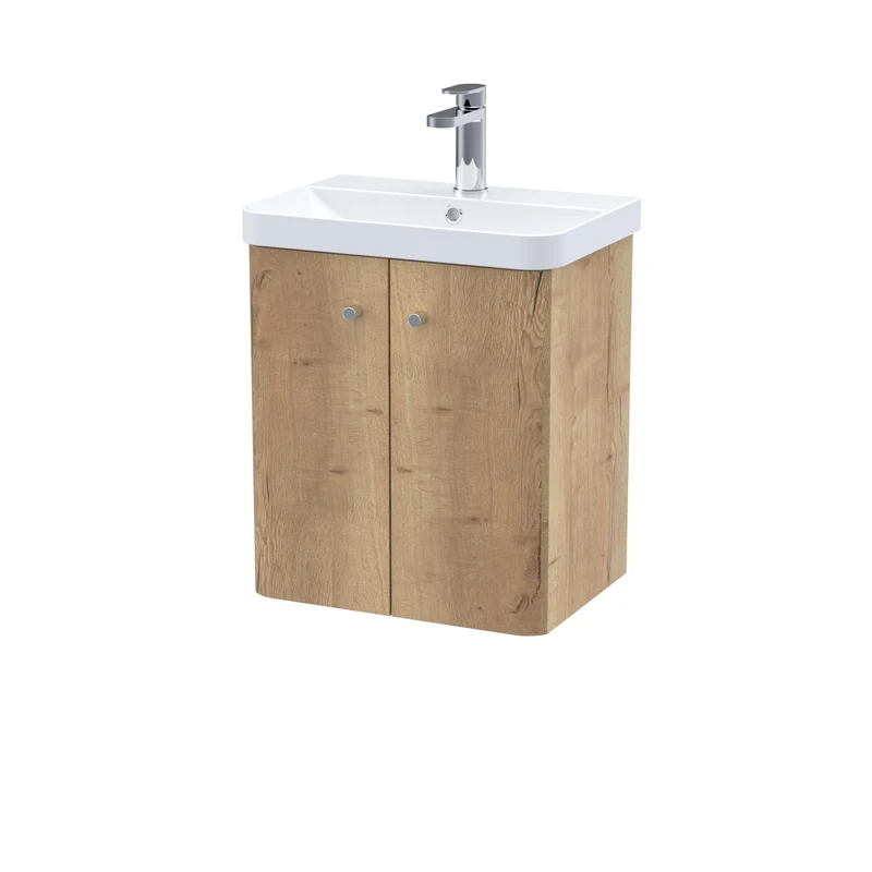 Core 500 x 350mm Wall Hung Cloakroom Vanity Unit With 2 Doors & Ceramic Basin - Autumn Oak Woodgrain