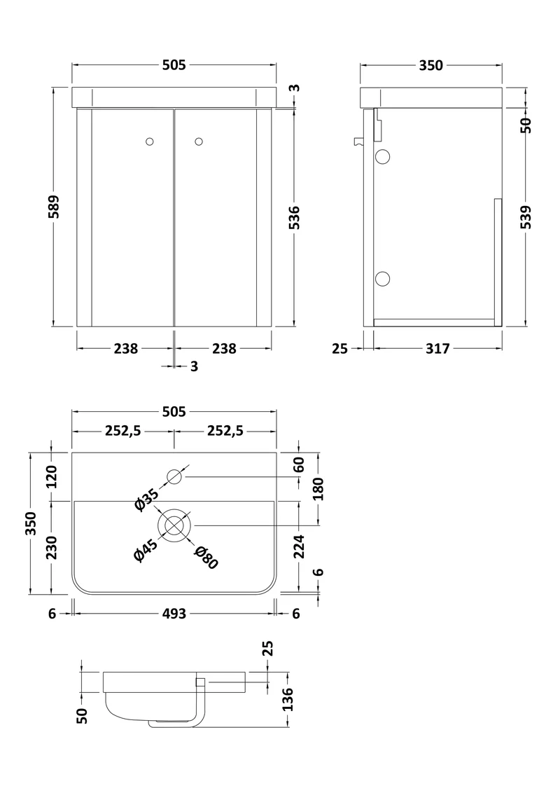 Core 500 x 350mm Wall Hung Cloakroom Vanity Unit With 2 Doors & Ceramic Basin - Autumn Oak Woodgrain