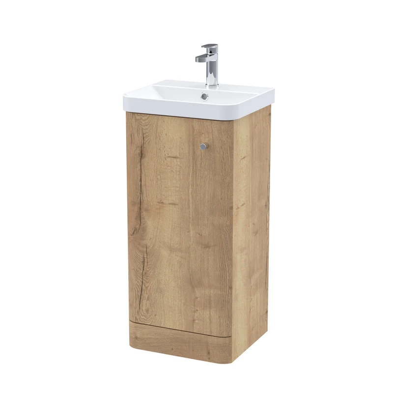 Core 400 x 350mm Floor Standing Cloakroom Vanity Unit With 1 Door & Ceramic Basin - Autumn Oak Woodgrain