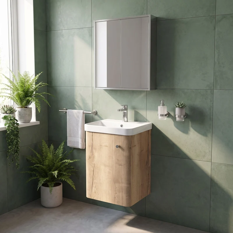 Core 400 x 350mm Wall Hung Cloakroom Vanity Unit With 1 Door & Ceramic Basin - Autumn Oak Woodgrain