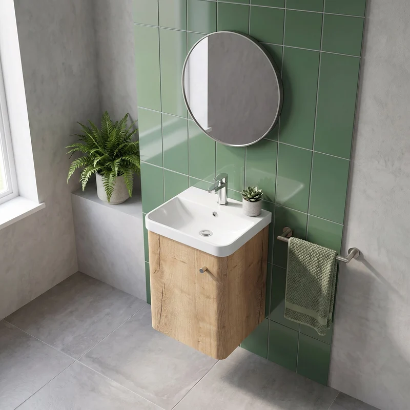 Core 400 x 350mm Wall Hung Cloakroom Vanity Unit With 1 Door & Ceramic Basin - Autumn Oak Woodgrain