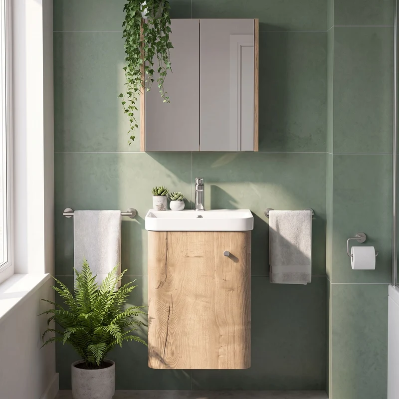 Core 400 x 350mm Wall Hung Cloakroom Vanity Unit With 1 Door & Ceramic Basin - Autumn Oak Woodgrain