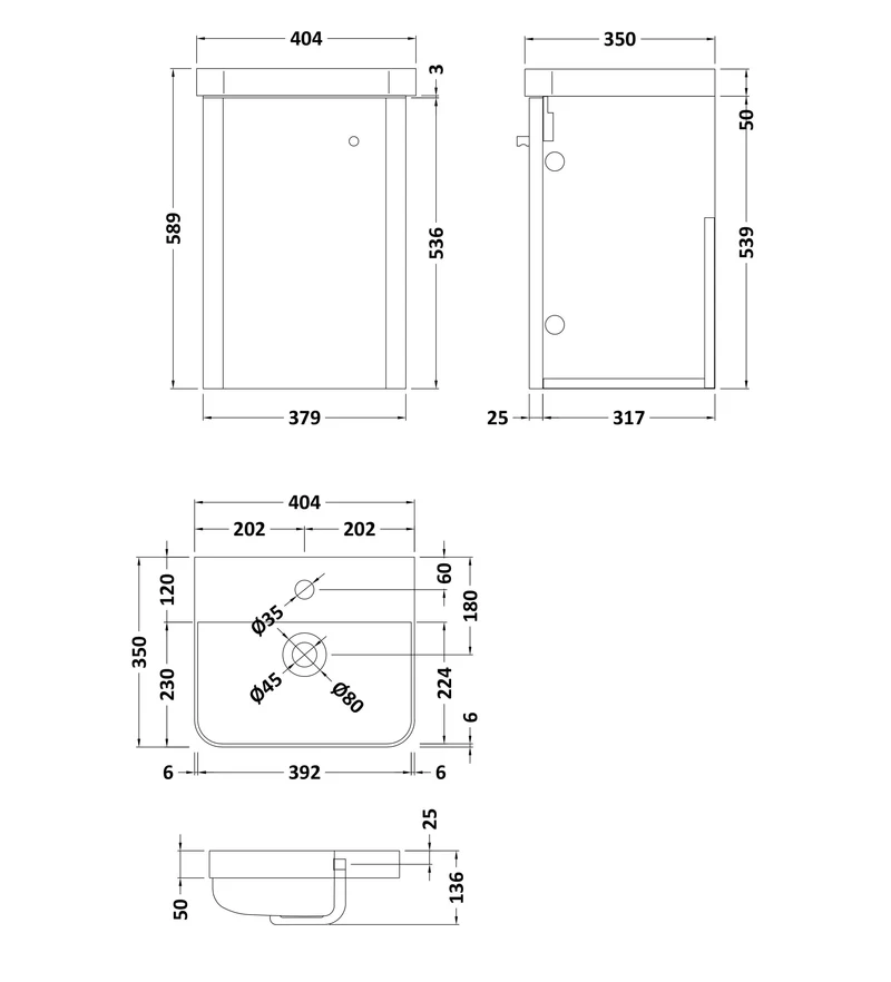 Core 400 x 350mm Wall Hung Cloakroom Vanity Unit With 1 Door & Ceramic Basin - Autumn Oak Woodgrain
