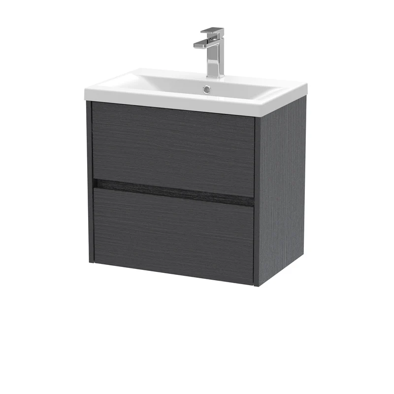 Havana 600mm Wall Hung 2 Drawer Vanity Unit & Mid Edge Ceramic Basin - Graphite Grey Woodgrain