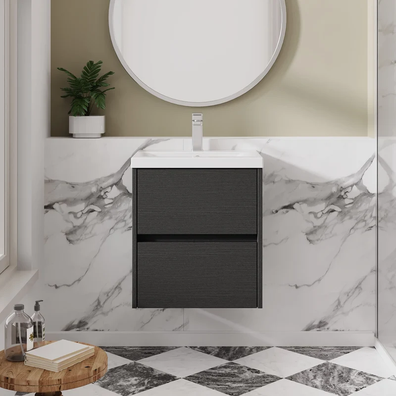 Havana 500mm Wall Hung 2 Drawer Vanity Unit & Mid Edge Ceramic Basin - Graphite Grey Woodgrain
