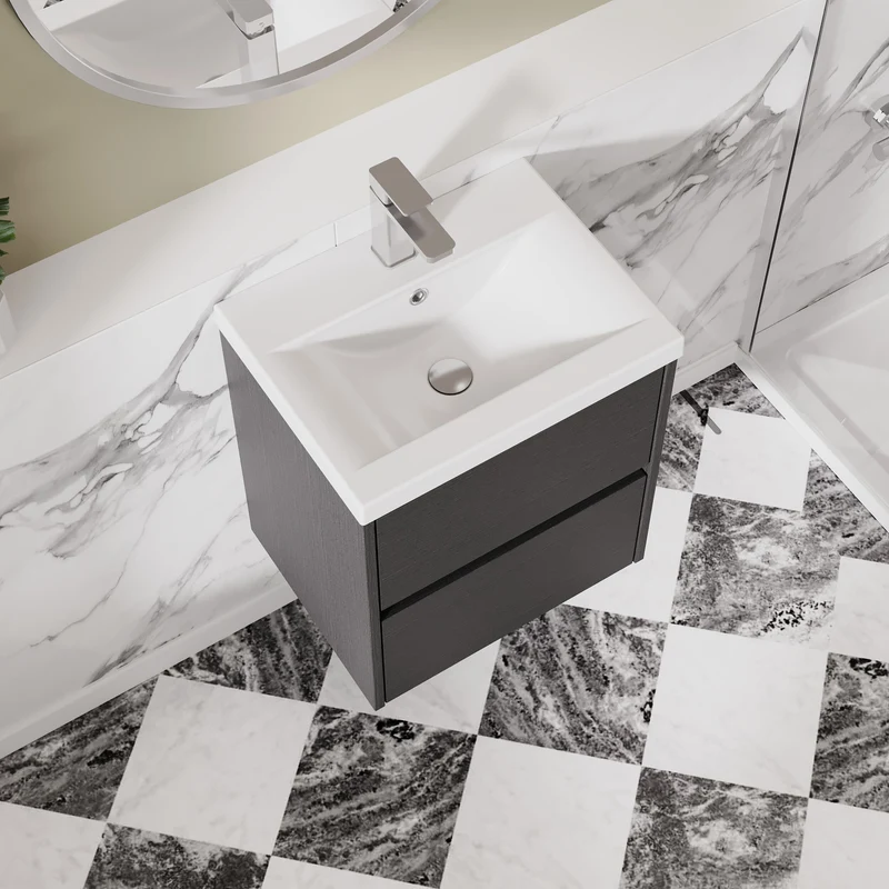 Havana 500mm Wall Hung 2 Drawer Vanity Unit & Mid Edge Ceramic Basin - Graphite Grey Woodgrain