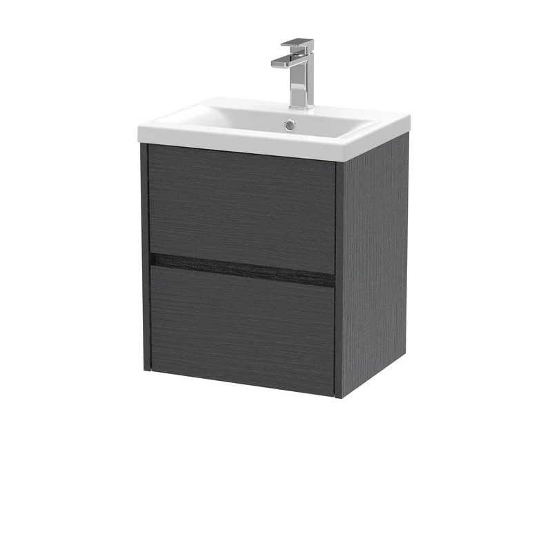 Havana 500mm Wall Hung 2 Drawer Vanity Unit & Mid Edge Ceramic Basin - Graphite Grey Woodgrain