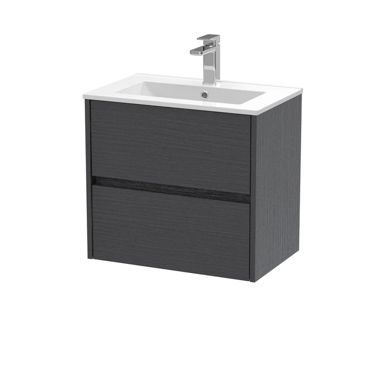 Havana 600mm Wall Hung 2 Drawer Vanity Unit & Minimalist Ceramic Basin - Graphite Grey Woodgrain