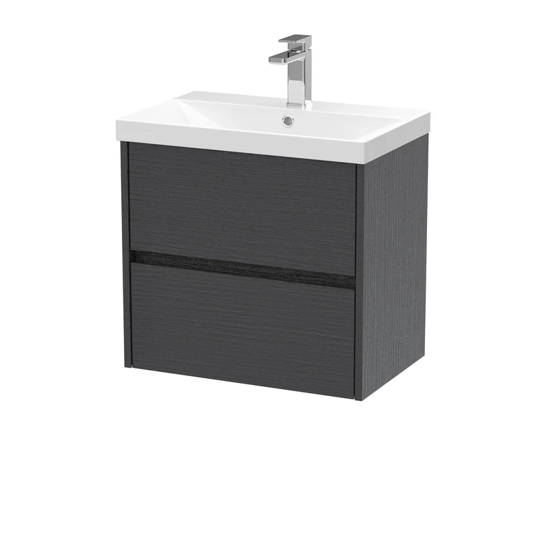 Havana 600mm Wall Hung 2 Drawer Vanity Unit & Thin Edge Ceramic Basin - Graphite Grey Woodgrain