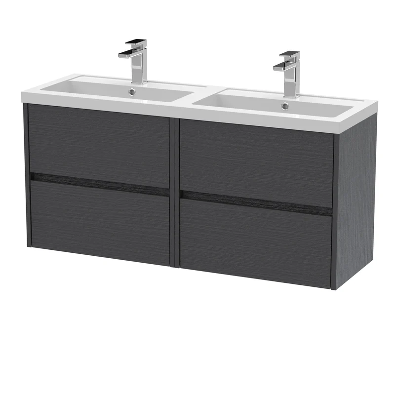 Havana 1200mm Wall Hung 4 Drawer Vanity Unit & Double Polymarble Basin - Graphite Grey Woodgrain