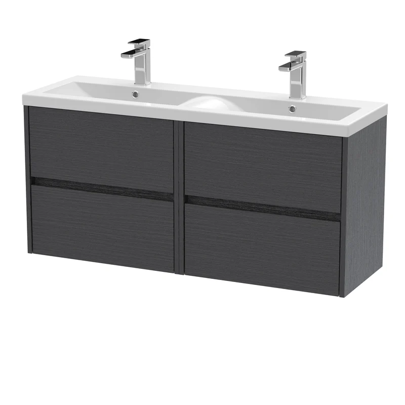 Havana 1200mm Wall Hung 4 Drawer Vanity Unit & Double Ceramic Basin - Graphite Grey Woodgrain