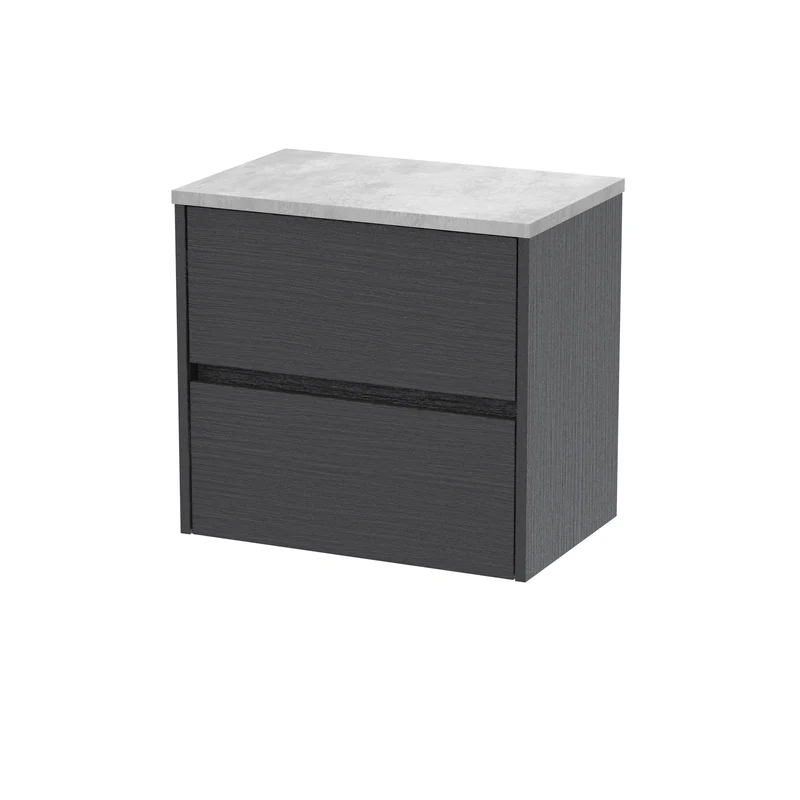 Havana 600mm Wall Hung 2 Drawer Vanity Unit & Bellato Grey Laminate Worktop - Graphite Grey Woodgrain