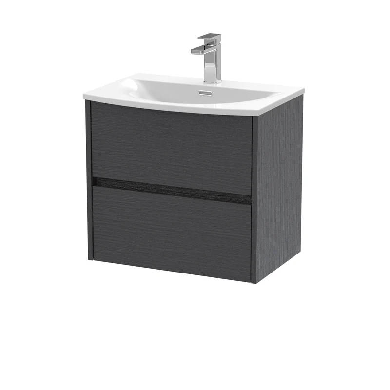 Havana 600mm Wall Hung 2 Drawer Vanity Unit & Curved Ceramic Basin - Graphite Grey Woodgrain