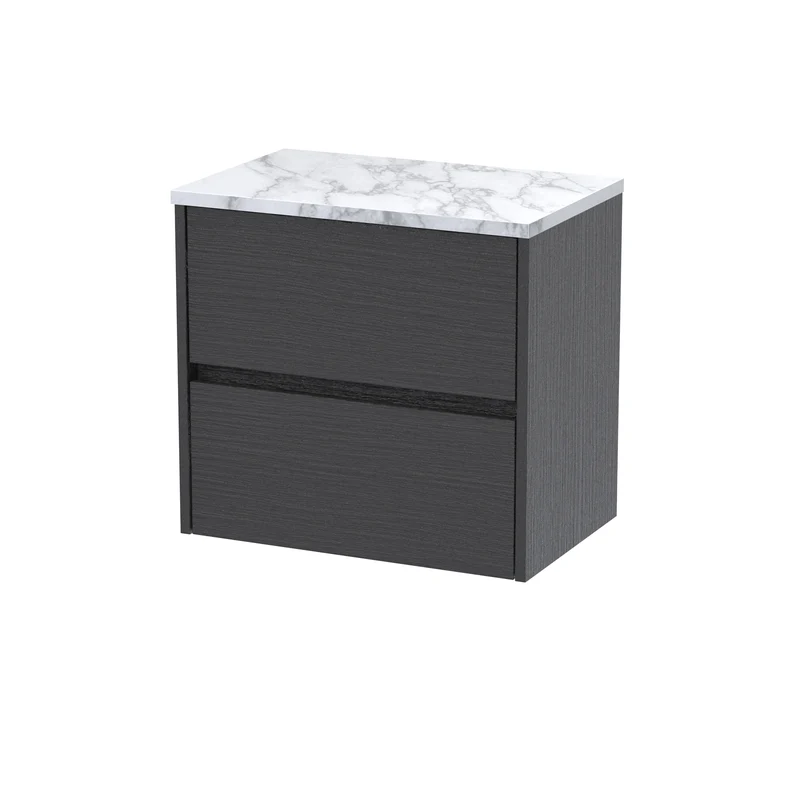 Havana 600mm Wall Hung 2 Drawer Vanity Unit & Carrera Marble Laminate Worktop - Graphite Grey Woodgrain