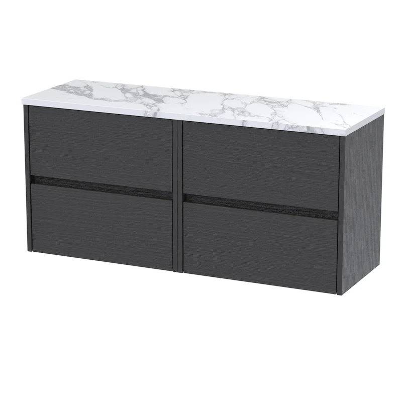 Havana 1200mm Wall Hung 4 Drawer Vanity Unit & Carrera Marble Laminate Worktop - Graphite Grey Woodgrain