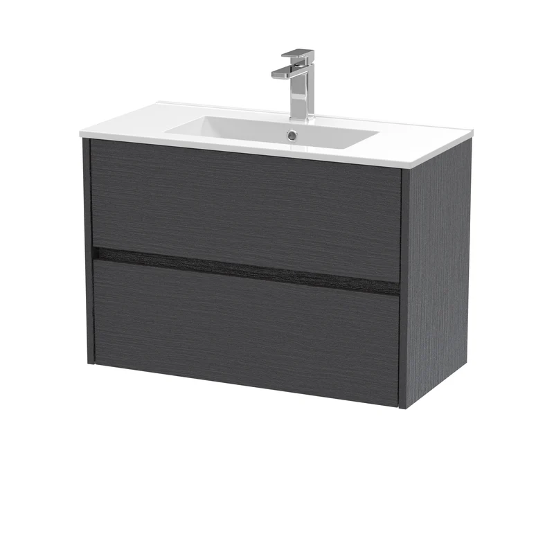 Havana 800mm Wall Hung 2 Drawer Vanity Unit & Minimalist Ceramic Basin - Graphite Grey Woodgrain
