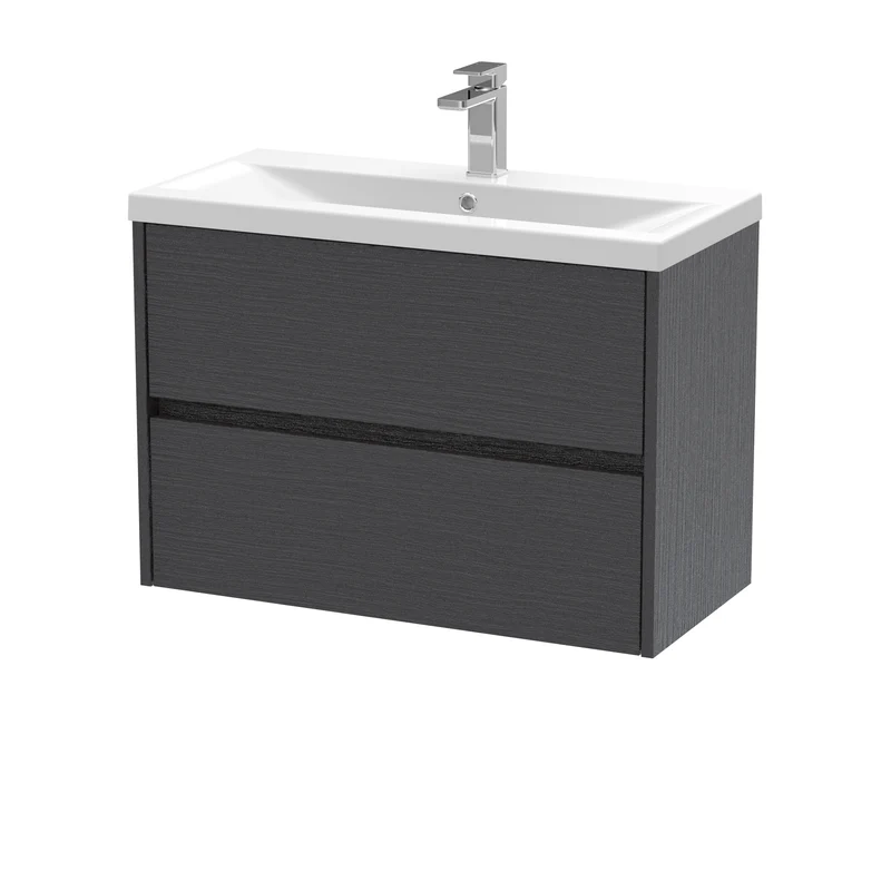 Havana 800mm Wall Hung 2 Drawer Vanity Unit & Mid Edge Ceramic Basin - Graphite Grey Woodgrain