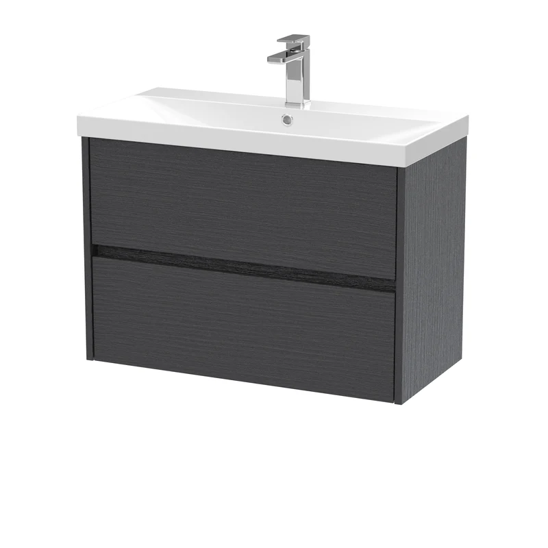 Havana 800mm Wall Hung 2 Drawer Vanity Unit & Thin Edge Ceramic Basin - Graphite Grey Woodgrain