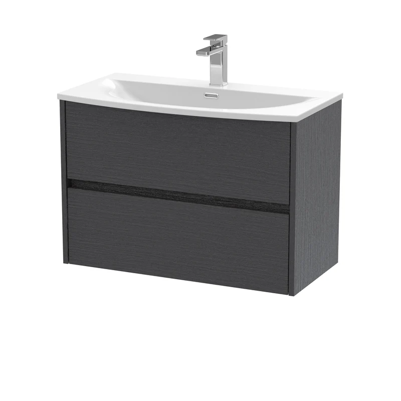 Havana 800mm Wall Hung 2 Drawer Vanity Unit & Curved Ceramic Basin - Graphite Grey Woodgrain