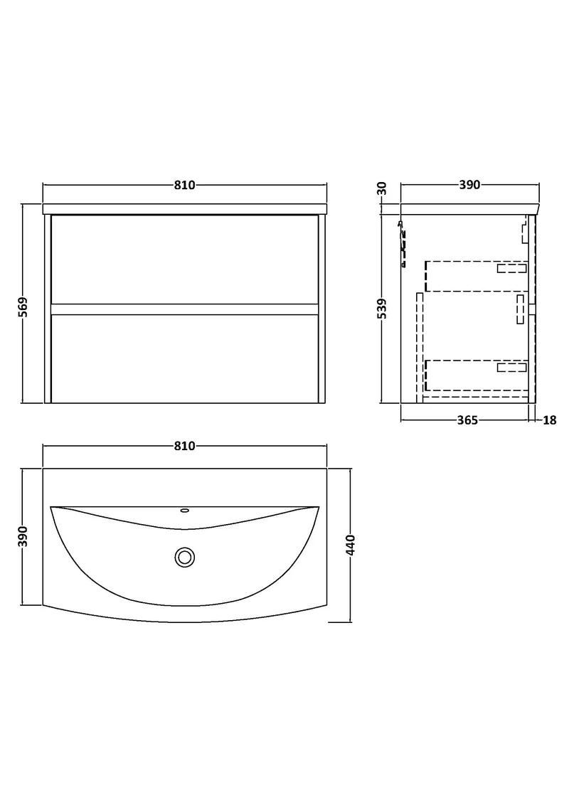 Havana 800mm Wall Hung 2 Drawer Vanity Unit & Curved Ceramic Basin - Graphite Grey Woodgrain