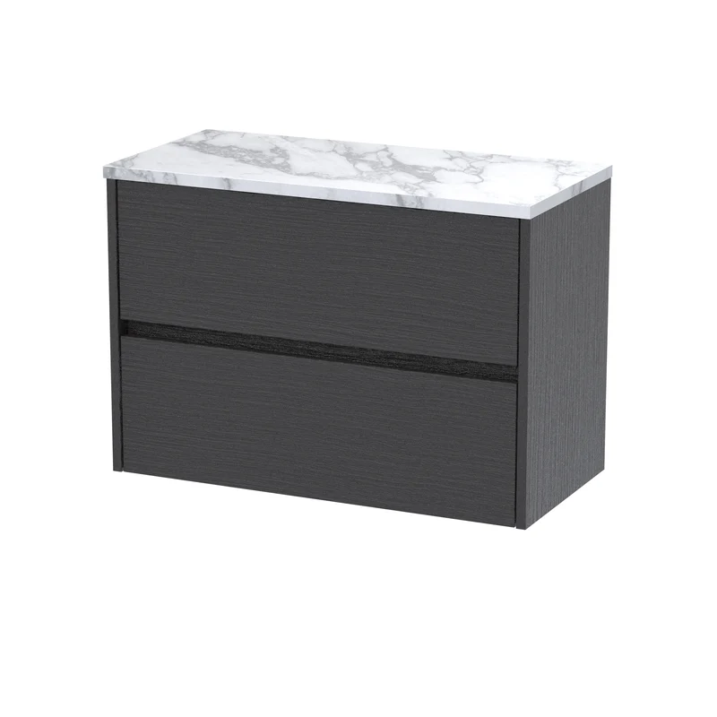 Havana 800mm Wall Hung 2 Drawer Vanity Unit & Carrera Marble Laminate Worktop - Graphite Grey Woodgrain