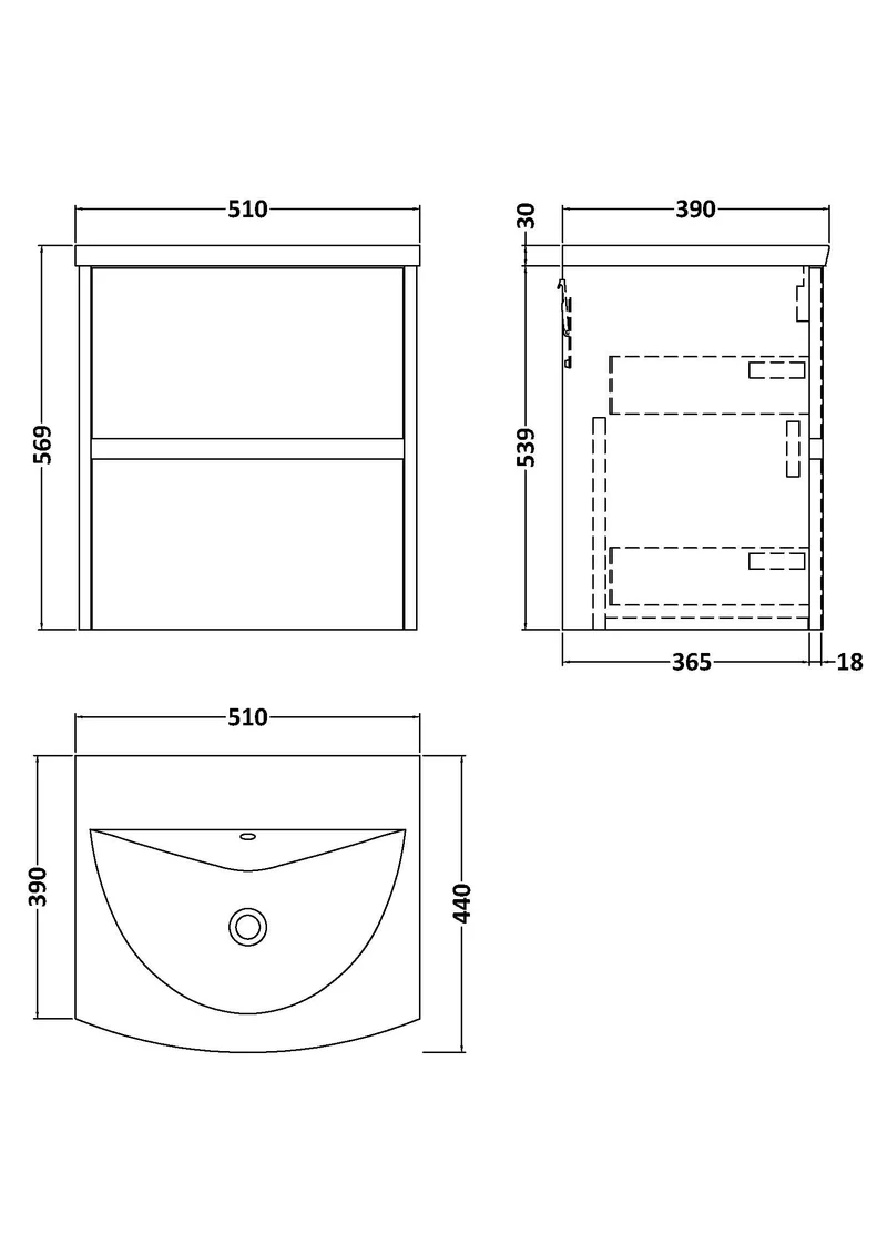 Havana 500mm Wall Hung 2 Drawer Vanity Unit & Curved Ceramic Basin - Coastal Grey Matt