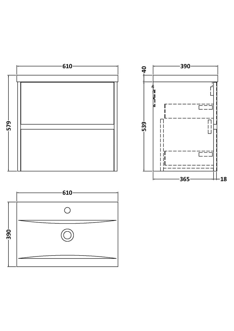 Havana 600mm Wall Hung 2 Drawer Vanity Unit & Mid Edge Ceramic Basin - Coastal Grey Matt