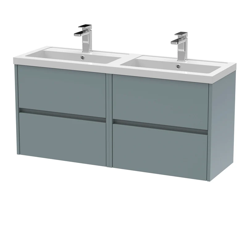 Havana 1200mm Wall Hung 4 Drawer Vanity Unit & Double Polymarble Basin - Coastal Grey Matt