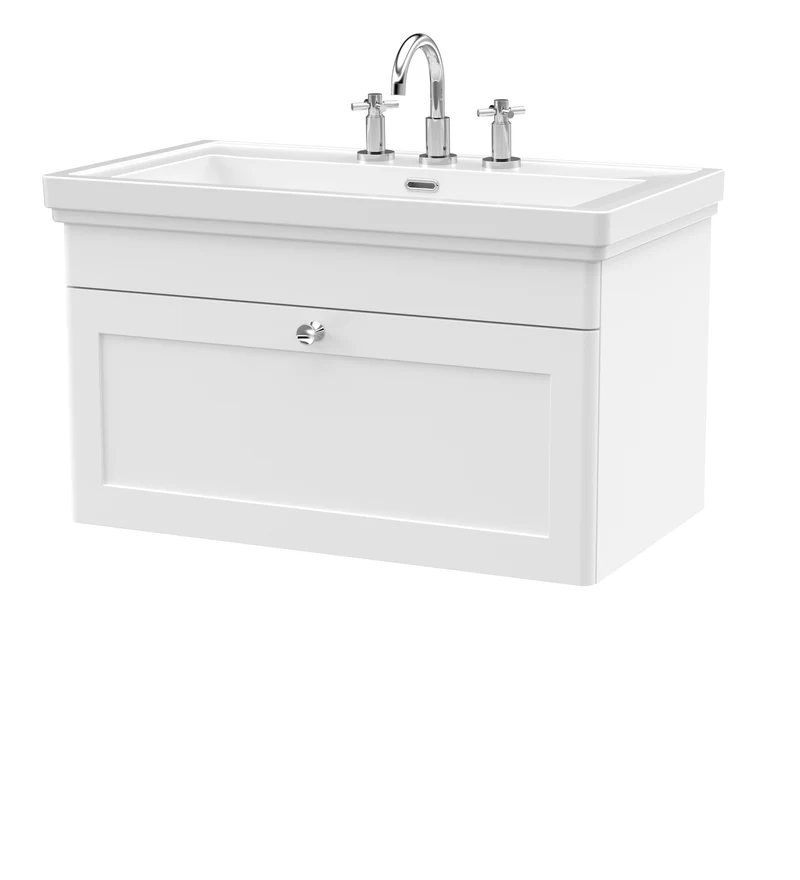Nuie Classique 800mm Satin White Traditional Wall Hung 1-Drawer Unit & Basin 3 Tap Holes