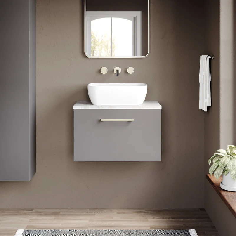 Lana 600mm Wall Hung 1 Drawer Vanity Unit & Bellato Grey Laminate Worktop - Grey Satin