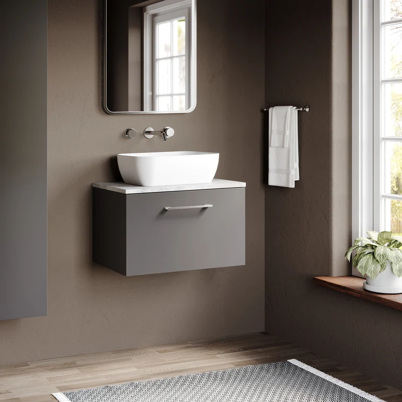 Lana 600mm Wall Hung 1 Drawer Vanity Unit & Bellato Grey Laminate Worktop - Grey Satin