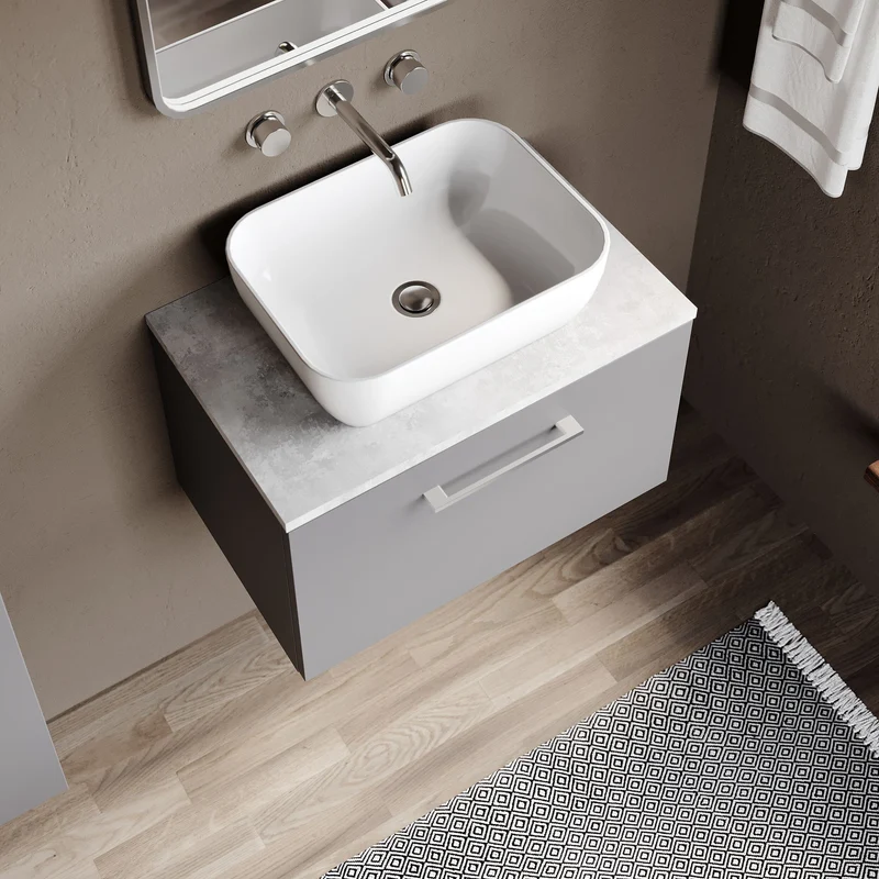 Lana 600mm Wall Hung 1 Drawer Vanity Unit & Bellato Grey Laminate Worktop - Grey Satin