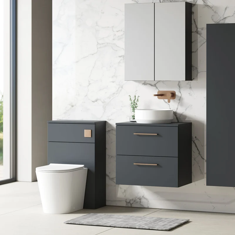 Lana 600mm Wall Hung 2 Drawer Vanity Unit & Worktop - Soft Black Satin