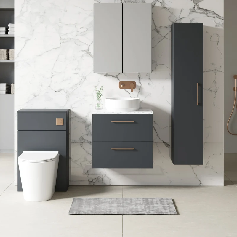 Lana 600mm Wall Hung 2 Drawer Vanity Unit & Carrera Marble Laminate Worktop - Soft Black Satin